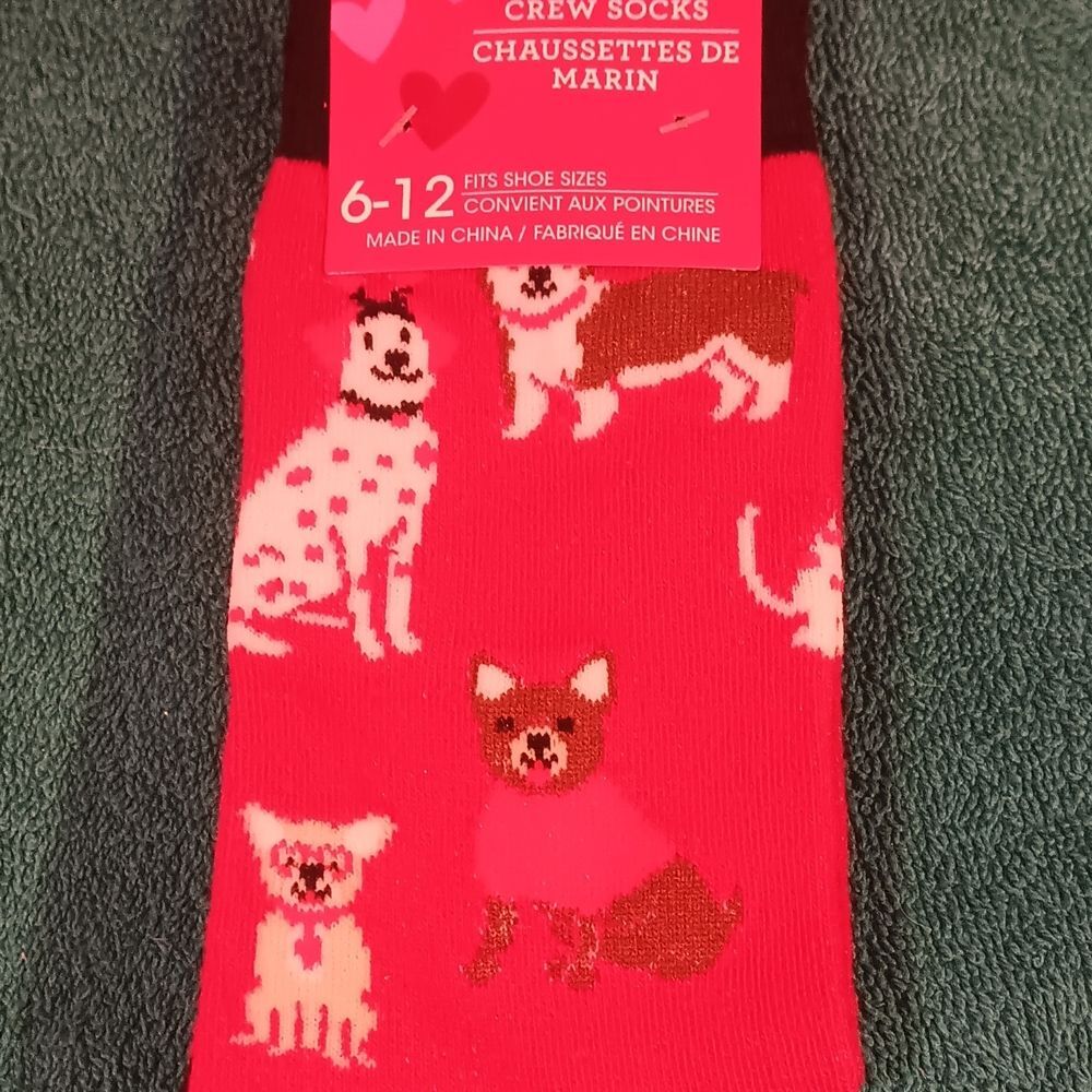 Dog Pattern Crew Socks - Red